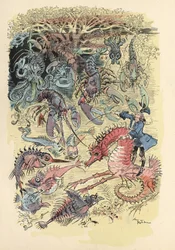 Ilustrace Alberta Robidy v Historii a dobrodružstvích barona de Munchausen“ (Munchhausen), H. Laurens Ed., konec 19. století.“
