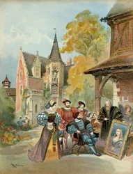 Král František I. (1494-1547) kupuje Monu Lisu od Leonarda da Vinci (1452-1519) poblíž královského zámku Amboise mezi lety 1516 a 1519. Ilustrace