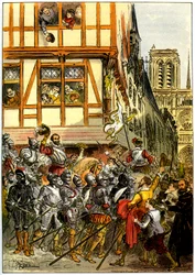 Francouzský král Jindřich IV. oslavovaný davem při příchodu do Notre-Dame po kapitulaci Paříže 22. března.