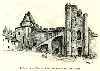 Medievale Cite de Carcassonne (Aude, Languedoc, Pays Cathare) - Tours Saint Martin (Svatý Martin) a Saint Nazaire (Saint Nazaire) s domy postavenými proti hradbám - romantická rytina Alberta Robidy (1848-1926) v knize vydané na začátek