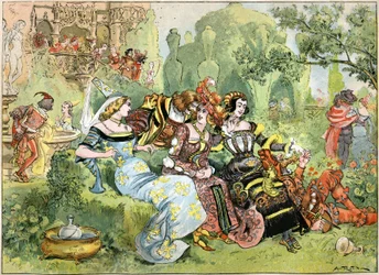 Scéna „Gargantua“, ilustrace od Robidy ke kompletním dílům Francoise Rabelaise vydaná Librairie Illustree, 1885