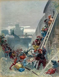 Sedmá italská válka (1526-1529): Smrt Karla III. Bourbonského (1490-1527) při obléhání Říma dne 6. května 1527. Ilustrace