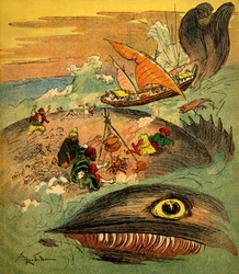Sindibad námořník (Sindibad) - příběh tisíce a jedné noci (1001) - kniha z roku 1948 vyprávějící jeho dobrodružství (edice Fortin, sbírka Wonderful Imaging of dětství) - ilustrace Albert Robida (1848 - 1926): Sindibad a jeho společníci mají nepodařilo
