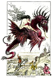Sukuba: ženský démon (žena - samice) jedoucí na drakovi - ilustrace Alberta Robidy k „Šprýmovným povídkám“ Honorého de Balzaca - počátek 20. století