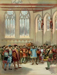 Burgundského herauta, vyslaného Karlem V. (1500-1558), přijal František I. (1494-1547) ve velkém sále parlamentu v Paříži v první polovině 16. století. Ilustrace