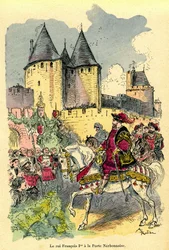 Francouzský král Francois 1. přijíždí na koni před Cite de Carcassonne, Porte Narbonnaise. Ilustrace Albert Robida (1848-1926): frontispis knihy „Le tresor de Carcassonne““, první vydání H. Laurens 1921.