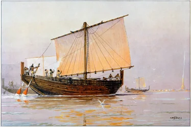 Asyrská galéra (barevná litografie)