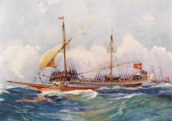 Maltská galéra s větrem v plachtách (17. století), akvarel, Albert Sebille (1874-1953)