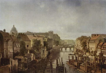 Pohled od Královských mlýnů na Mühlendamm na Lange Brücke v Berlíně
