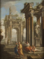 Poutníci vedle klasických budov, c.1710