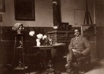 Sochař Mario Pelagatti ve svém ateliéru, Florencie, 20.11.1920 (čb foto)