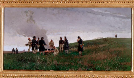 Kolem ohně. Bivak vojáků italské armády (olej na plátně