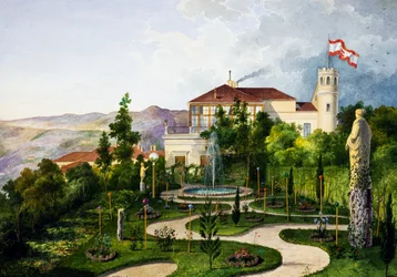Exteriér se zahradou, jihozápadně od vily Lazzarovic Terst, rezidence Maxmiliána Habsburského (1832-1867)