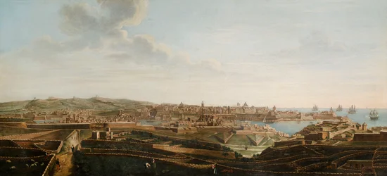 Jeden ze souboru sedmi pohledů na Vallettu, Maltu a její okolí, kolem roku 1753 (olej na plátně)