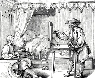 Dřevoryt znázorňující umělce pomocí kreslicí pomůcky ke správnému proporci portrétu. Rytina Albrechta Dürera (1471-1528), německého malíře, grafika a teoretika renesance