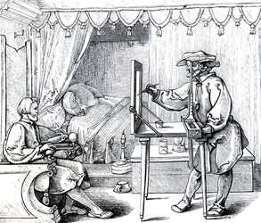 Matematické nástroje pro přesné provádění portrétů, ilustrace z knihy "Věda a literatura ve středověku a renesanci", autor a rytec Paul Lacroix