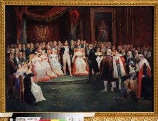 ""Přijetí císařem Napoleonem Bonapartem (1769-1821)"": Georges Cuvier (1769-1832), stojící před Napoleonem, byl 26. listopadu 1803 jmenován rytířem Čestné legie. Mezi přítomnými v pokoj, můžeme poznamenat: Madame de Stael