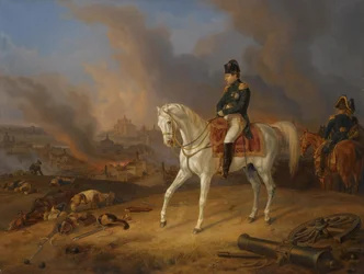 Napoleon Bonaparte před hořícím městem Smolensk
