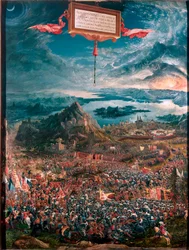 Bitva u Issu, vyhraná Alexandrem Velikým roku 333 př. n. l., 1529. Rozměry 158 x 120 cm, Mnichov, Alte Pinakothek