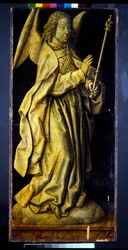 Dříve křídla triptychu, dvojice, Ženské postavy ztělesňující moudrost a štědrost, se zvěstováním (deska; en grisaille verso)
