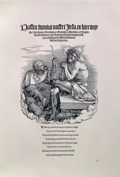 Římský voják vysmívající se Kristu, nad nímž je jméno umělců latinsky a dole báseň nadávající muži za jeho hříchy, titulní strana k seriálu Velká vášeň, hospoda. 1511