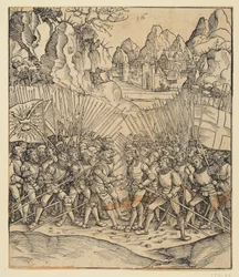 Triumfální oblouk císaře Maxmiliána I. (fragment z 24b): Bitevní scéna vlevo dole