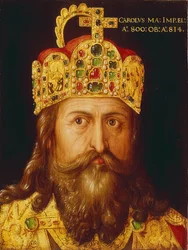 Idealizovaný portrét císaře Karla Velikého v korunovačním rouchu s říšskou korunou. Norimberk, 1517
