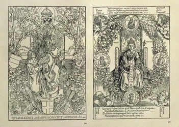 Filosofie a habsburský císař z „Quatuor Libri Amorum“ od Konrada Celtise z Norimberku, 1502