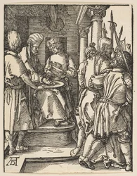 Pilát si myje ruce, z The Small Passion, ca. 1509.
