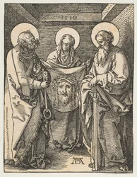 Svatá Veronika mezi svatými Petrem a Pavlem, z Malých pašijí, 1510.