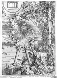 Scéna z Apokalypsy, sv. Jan požírající knihu, latinské vydání, 1511 (dřevořez) (černobílá fotografie)