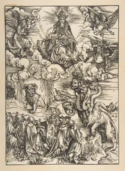 Bestie se dvěma rohy jako beránek, z Apokalypsy, latinské vydání 1511, ca. 1496.