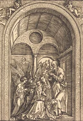 Svatá rodina se dvěma anděly v klenuté síni, c. 1504.