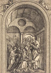 Svatá rodina se dvěma anděly v klenuté síni, c. 1504.