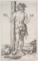 Muž bolesti stojící, se zdviženýma rukama, c. 1500.