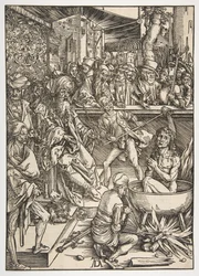 Umučení svatého Jana, z Apokalypsy, latinské vydání 1511, ca. 1496.