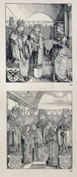 Vítězný oblouk císaře Maxmiliána I. (1459-1519): detail dvou panelů umístěných nad levým portálem zachycujících události ze života císaře Maxmiliána, hospoda. 151728