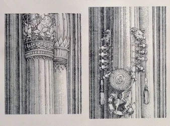 Triumfální oblouk německého císaře Maxmiliána I. (1459-1519): dva detaily centrální brány cti a moci zobrazující levý sloup a hlavici, datováno 1515, hospoda. 151718 (wo