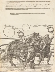 Triumfální vůz Maxmiliána I. Velký triumfální vůz [deska 6 z 8], 1523 latinské vyd.