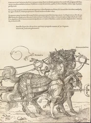 Triumfální vůz Maxmiliána I. Velký triumfální vůz [deska 7 z 8], 1523 latinské vyd.