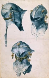 Tři pohledy na rytířskou přilbu, c. 1500.