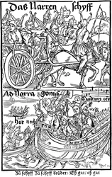 Titulní strana vydání Lodi bláznů, Sebastian Brant, 1494.