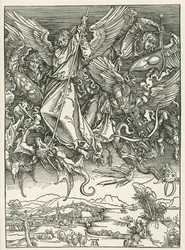 Archanděl Michael bojuje s drakem. Zjevení svatého Jana, asi 1498 (dřevoryt)