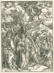 Čtyři andělé zastavující vítr a podpis vyvolených. Zjevení svatého Jana, asi 1497-98 (dřevoryt)