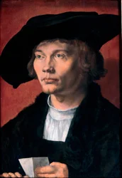 Portrét Bernharda von Reesena, sběratele umění v roce 1490 - Portrét Bernharda von Reesena - Malba Albrechta Durera (1471-1528) Olej na dřevě 1521 (45,5x31,5cm) - Státní umělecká galerie, Drážďany