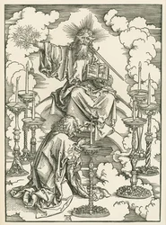 Vize svatého Jana o Kristu a sedmi svícnech. Zjevení svatého Jana Božského, asi 1496-98 (dřevoryt)