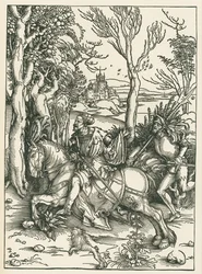 Rytíř a landsknecht, asi 1496 (dřevoryt)