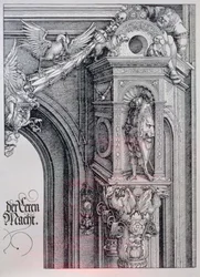 Triumfální oblouk císaře Maxmiliána I. (1459-1519): detail centrálního oblouku (Brána cti a moci) znázorňující listový a oživený sloupový hlavici podpírající rytíře stojícího v architektonickém výklenku, postavu držící jednu stranu visící kartuše