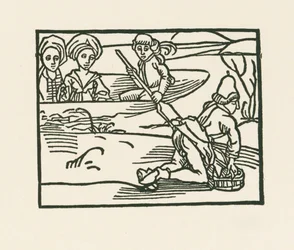 Vévodkyně je v loďce na vodě, kde si kněz pere spodní prádlo, asi 1489-90 (dřevoryt)