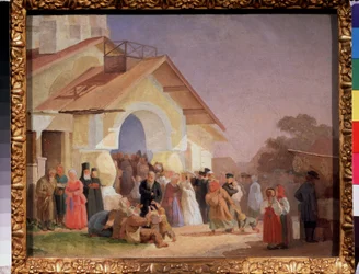Vychází z kostela v Pskově (Rusko). Obraz Alexandra Ivanoviče Morozova (1835-1904), olej na plátně